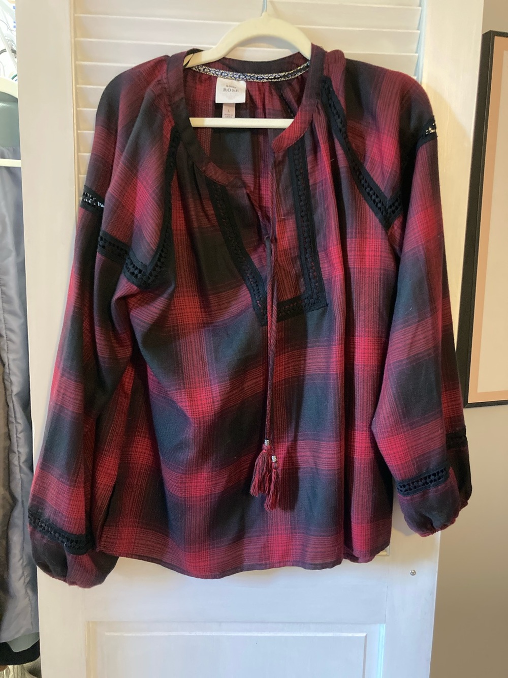 Knox Rose Red and Black Plaid Tassel Peasant Tunic